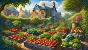 Local Garden Wonder Victorian-Inspired Fruit and Veg Patch in a landscape format, featuring a charming and productive fruit and vegetable garden patch with raised beds filled with ripe tomatoes, carrots, lettuces, and herbs.